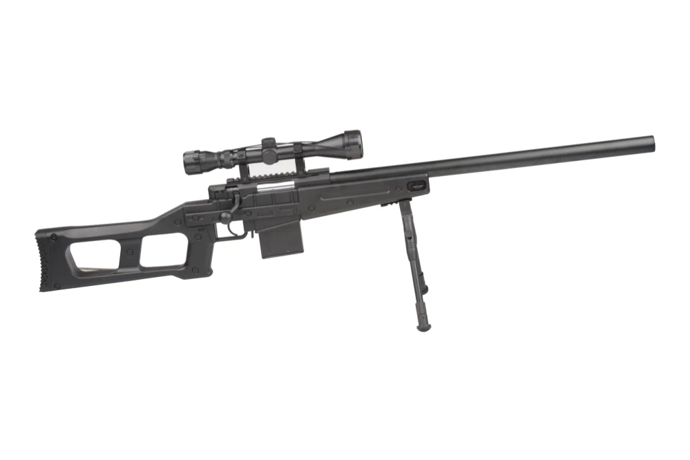 Airsoftová odstřelovací puška MB4408D - s optikou a dvojnožkou - černá