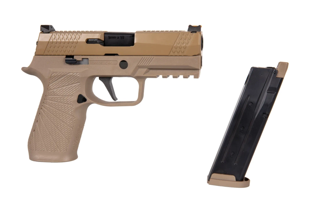 WE F18 Compact Green Gas Pistol airsoftová zbraň TAN