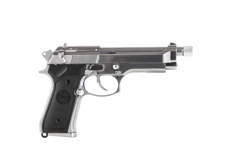 Pistola de airsoft SR92 con silenciador - plata