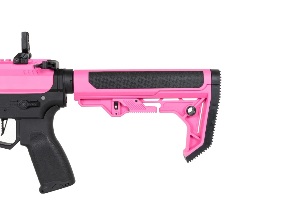 airsoft Specna Arms SA-FX02 FLEX™ HAL ETU Pistola subfusil rosa con dispositivo de descarga naranja