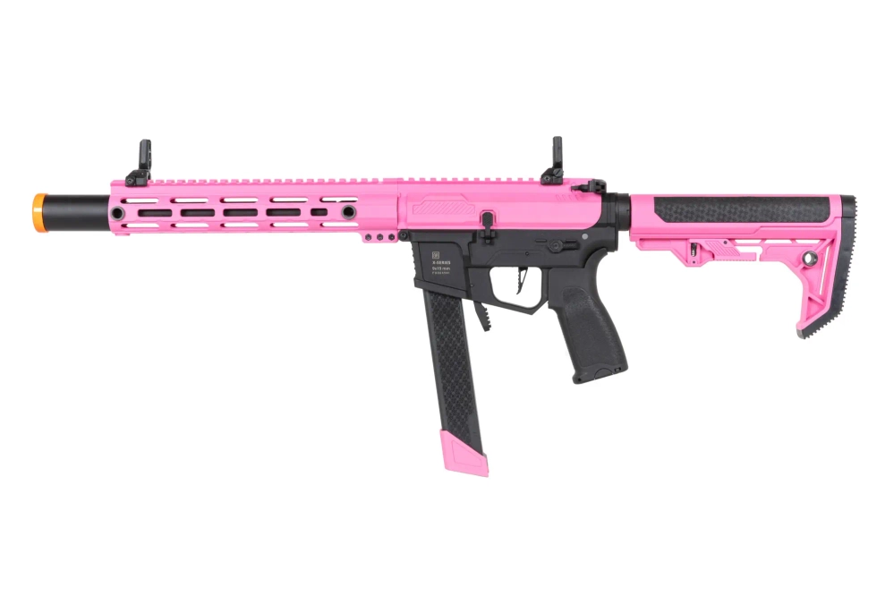 airsoft Specna Arms SA-FX02 FLEX™ HAL ETU Pistola subfusil rosa con dispositivo de descarga naranja