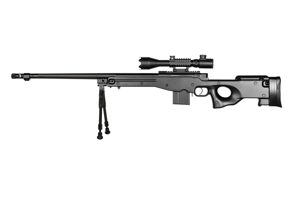 Airsoftová odstřelovací puška 4402D (s optikou a dvojnožkou) - černá
