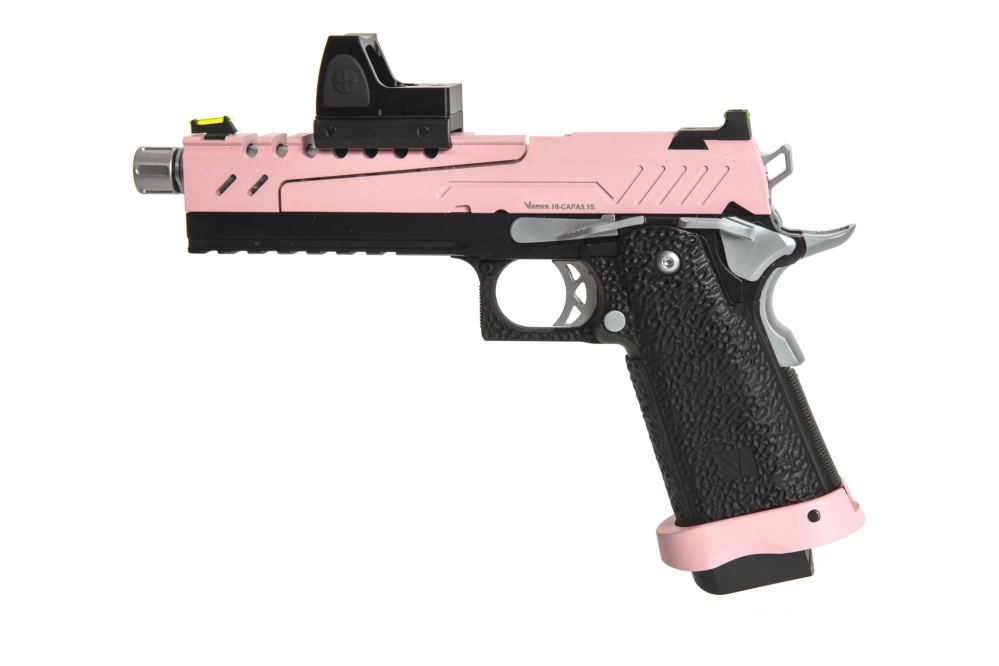 Pistola de airsoft Hi-capa 5.1 Split Slide - Rosa / Negro / Cromo (con red dotBDS)