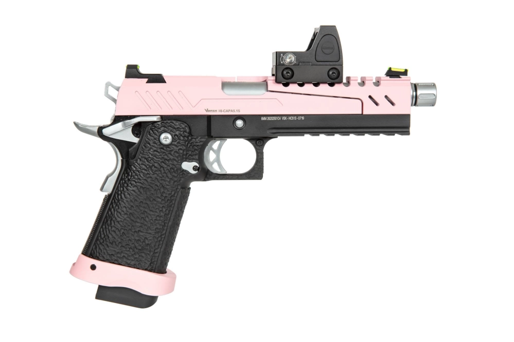 Pistolet airsoft Hi-capa 5.1 Split Slide - Rose / Noir / Chrome (avec organe de viséeBDS)