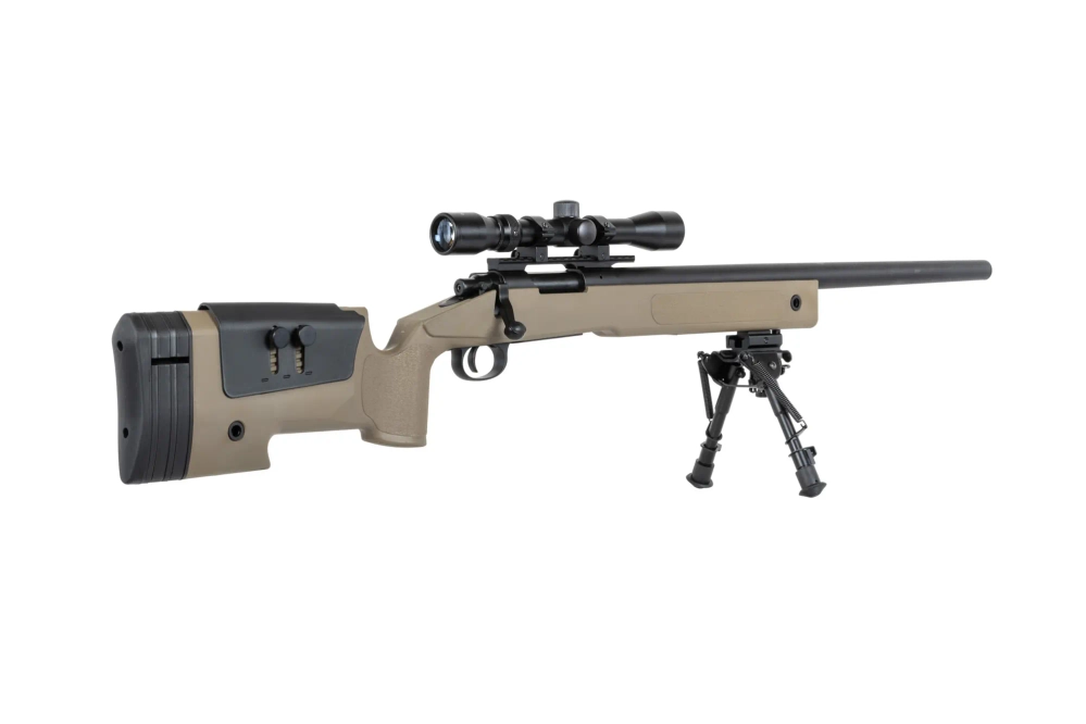 Specna Arms SA-S02 CORE™ High Velocity airsoft Selector Rifle with scope and bipod Upgraded Tan 