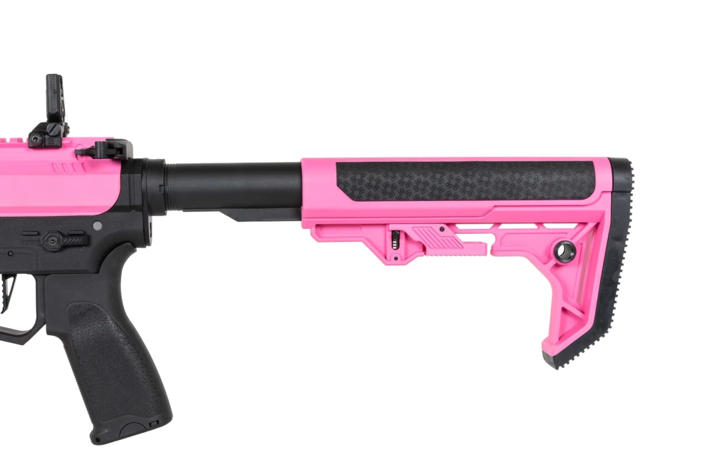 airsoft Specna Arms SA-FX02 FLEX™ HAL ETU Pistola subfusil rosa con dispositivo de descarga naranja