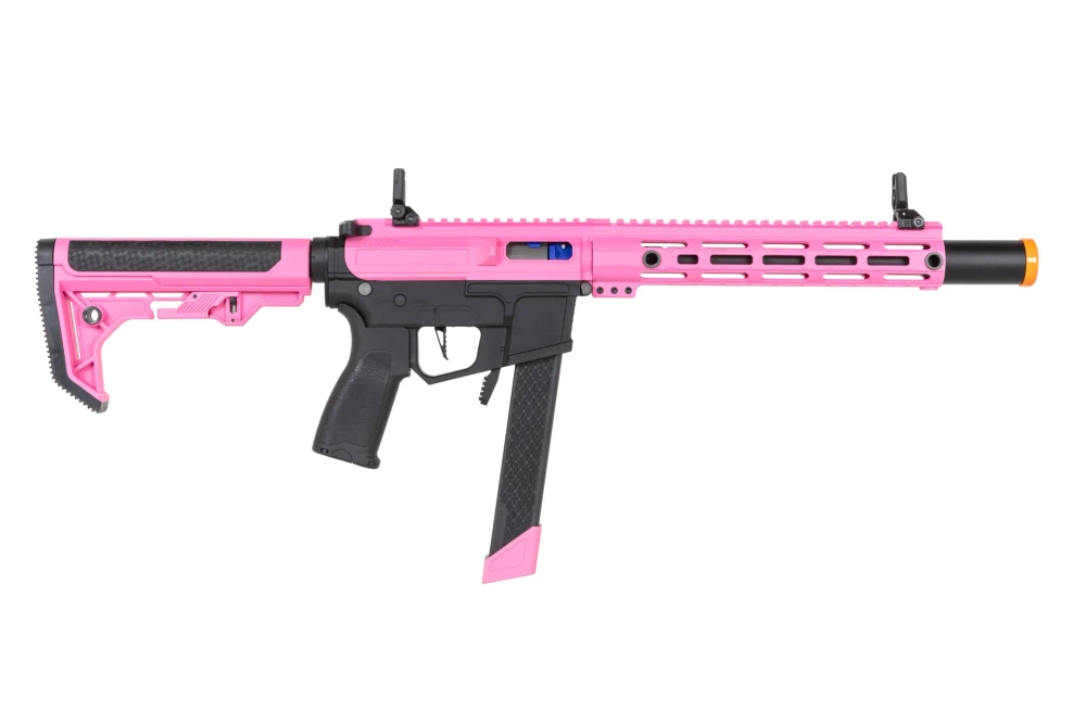 airsoft Specna Arms SA-FX02 FLEX™ HAL ETU Pistola subfusil rosa con dispositivo de descarga naranja