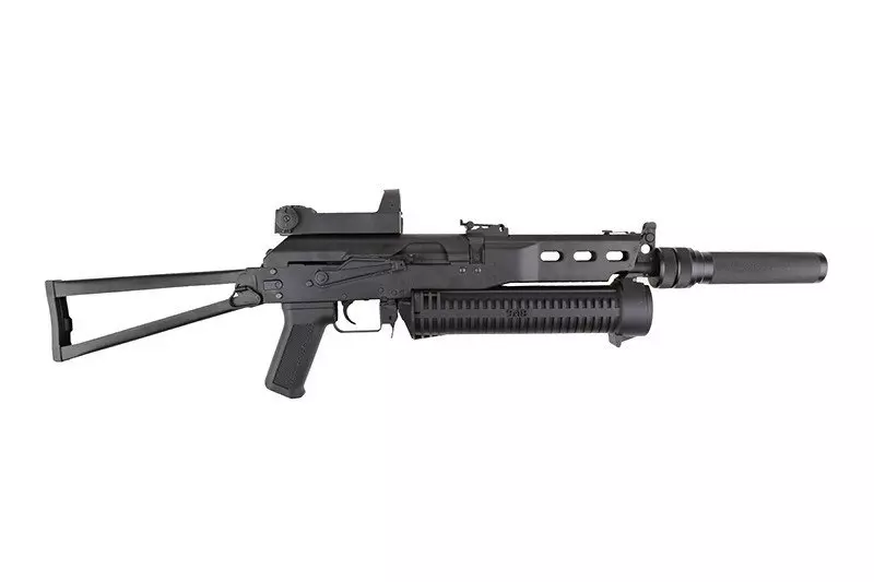 Pistolet mitrailleuse airsoft PP-19 Bizon avec silencieux et red dot