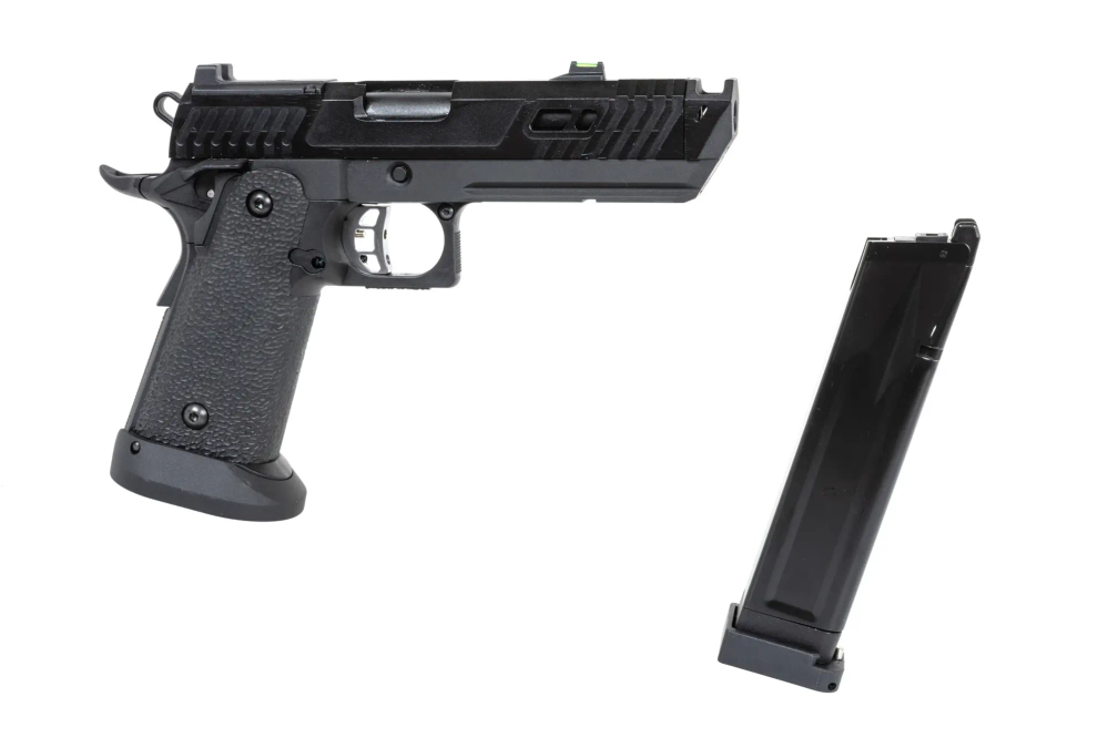 Pistole airsoft SRC Dark Viper DUAL POWER s pouzdrem a zeleným plynovým zásobníkem černá