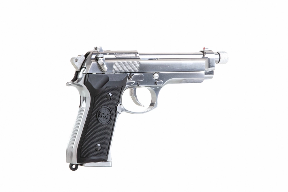 Pistola de airsoft SR92 con silenciador - plata