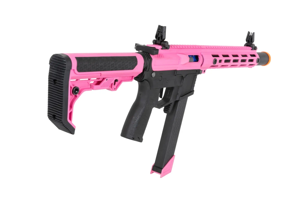 airsoft Specna Arms SA-FX02 FLEX™ HAL ETU Pistola subfusil rosa con dispositivo de descarga naranja