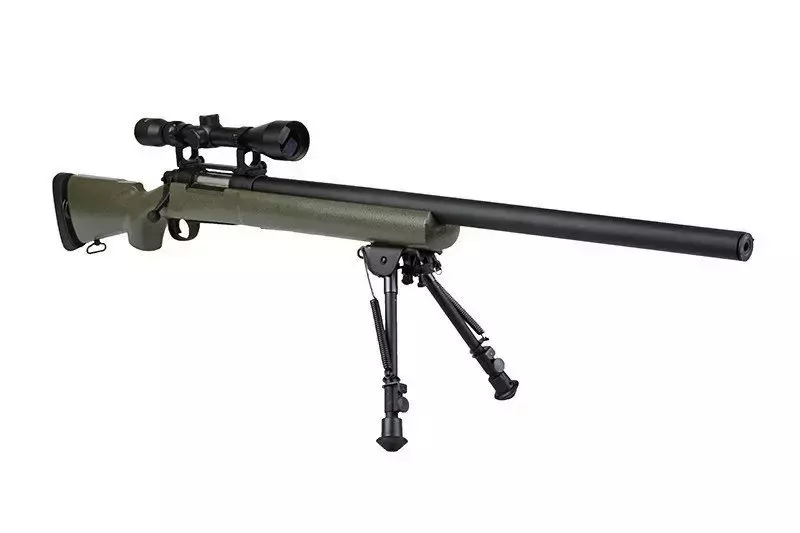 Airsoft pušky odstřelovací puška SW-04 s dalekohledem a dvojnožkou (vylepšená) - olivově zelená