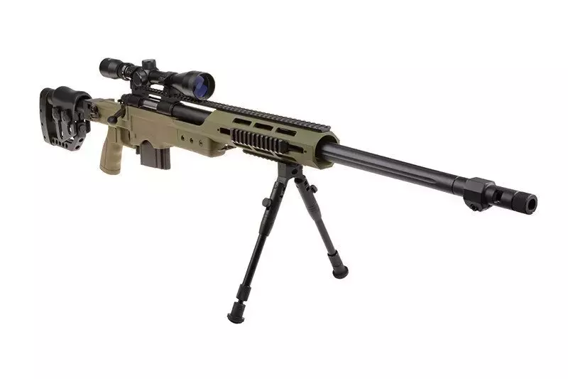 Airsoftová odstřelovací puška MB4411D - s optikou a dvojnožkou - olivově zelená