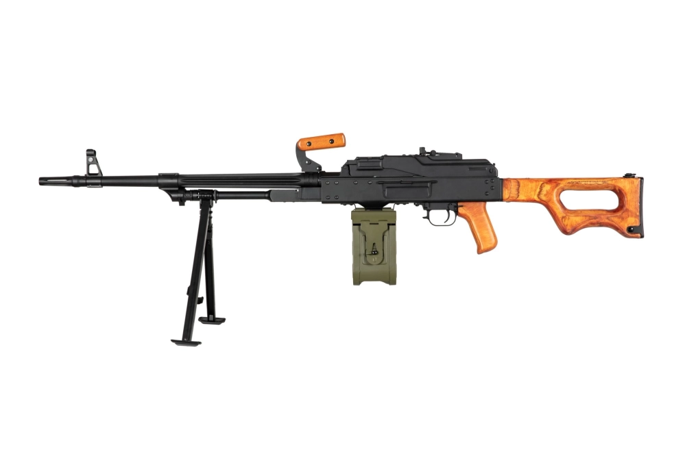 Ametralladora de airsoft AK-PK con elementos de madera