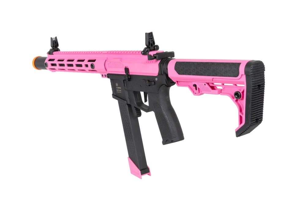 airsoft Specna Arms SA-FX02 FLEX™ HAL ETU Pistola subfusil rosa con dispositivo de descarga naranja