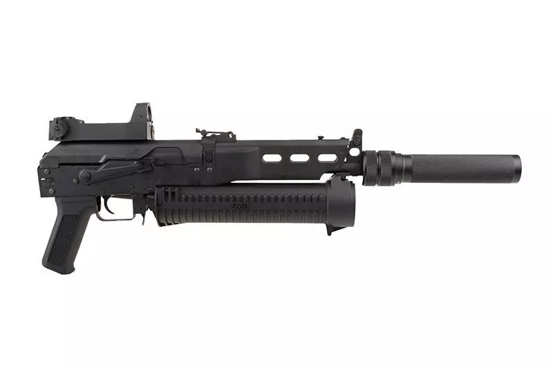 Airsoft samopal PP-19 Bizon s tlumičem a kolimátor