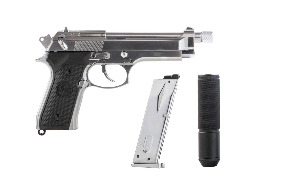 Pistolet airsoft SR92 avec silencieux - argent 