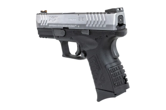 Pistola Cybergun x Springfield XDM 3.8" Compact airsoft Negro y plata