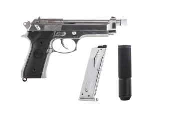 Pistola de airsoft SR92 con silenciador - plata