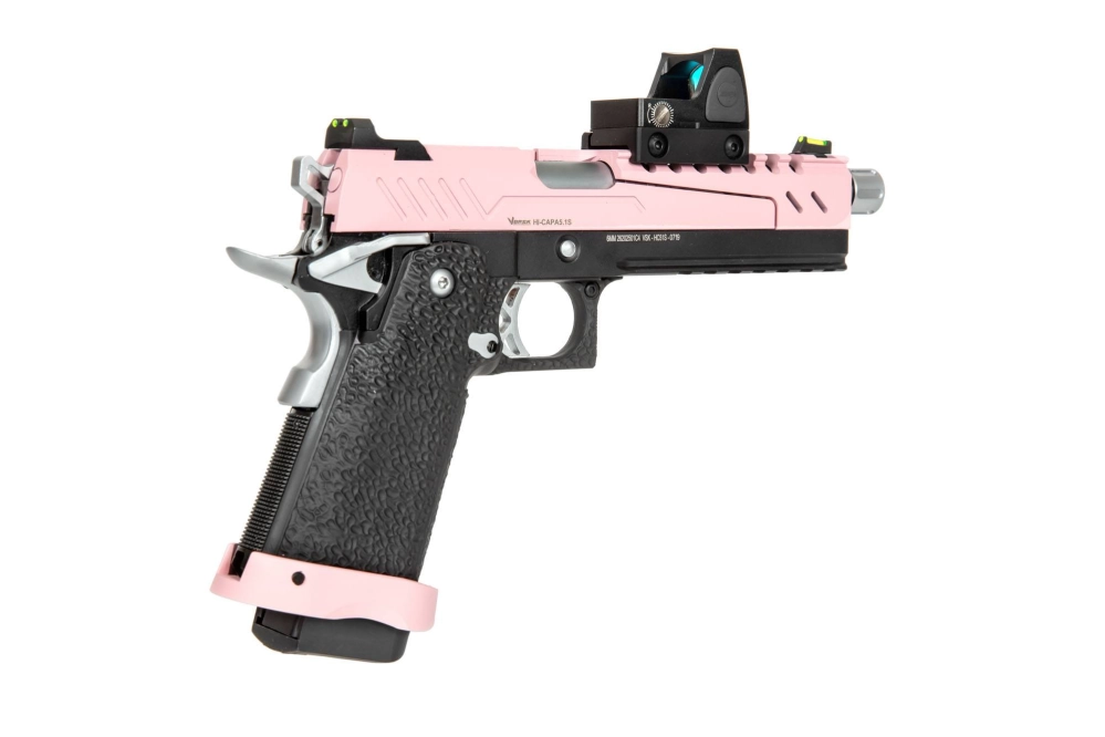 Pistola de airsoft Hi-capa 5.1 Split Slide - Rosa / Negro / Cromo (con red dotBDS)
