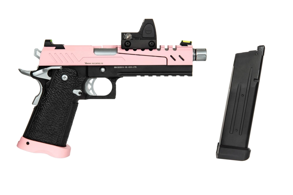 Pistola de airsoft Hi-capa 5.1 Split Slide - Rosa / Negro / Cromo (con red dotBDS)
