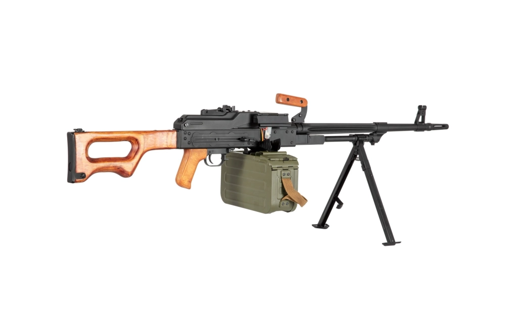 Ametralladora de airsoft AK-PK con elementos de madera