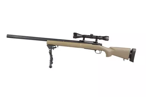 Fusil de airsoft sW-04J Fusil de francotirador del ejército con visor y bípode (mejorado) - color canela