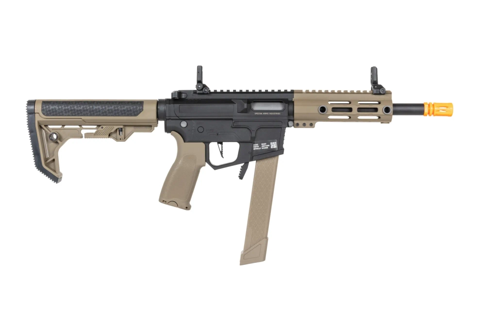 airsoft Specna Arms SA-FX01 FLEX™ HAL ETU Pistolet-mitrailleur Half-Tan avec dispositif de décharge orange