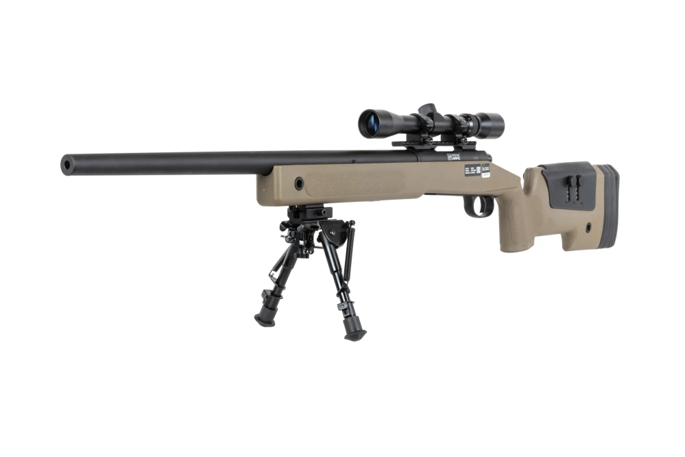 Specna Arms SA-S02 CORE™ Rifle selector airsoft de alta velocidad con visor y bípode Tan mejorado 