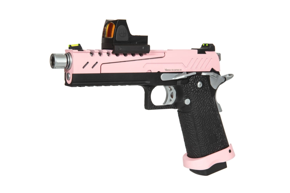 Pistola de airsoft Hi-capa 5.1 Split Slide - Rosa / Negro / Cromo (con red dotBDS)