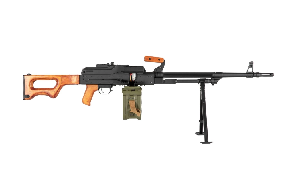 Ametralladora de airsoft AK-PK con elementos de madera