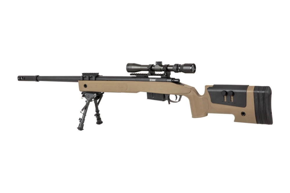 Airsoftová odstřelovací puška SA-S03 CORE™ s optikou a dvojnožkou - tan