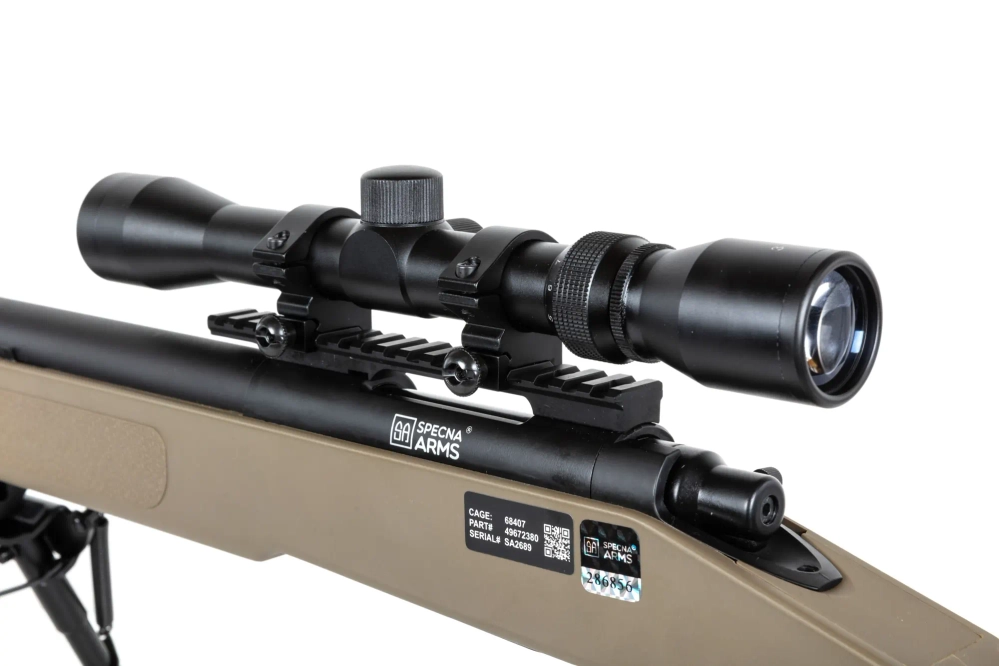 Specna Arms SA-S02 CORE™ High Velocity airsoft Selector Rifle with scope and bipod Upgraded Tan 